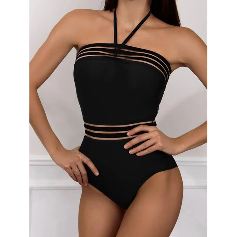 Women Solid Color Bathing Suits Swimsuit Beachwear Mesh Swimwear Vintage One Piece Bikini 2023