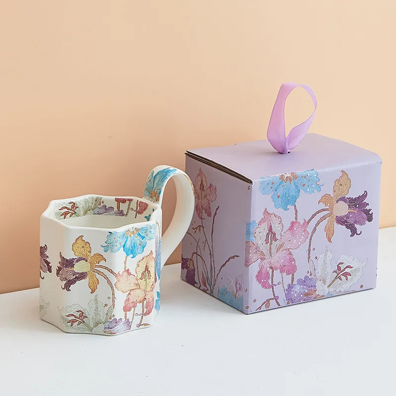 product hotsale creative business gift idea medieval style octagonal ceramic cup watercolor iris coffee mug with fruit basket-6