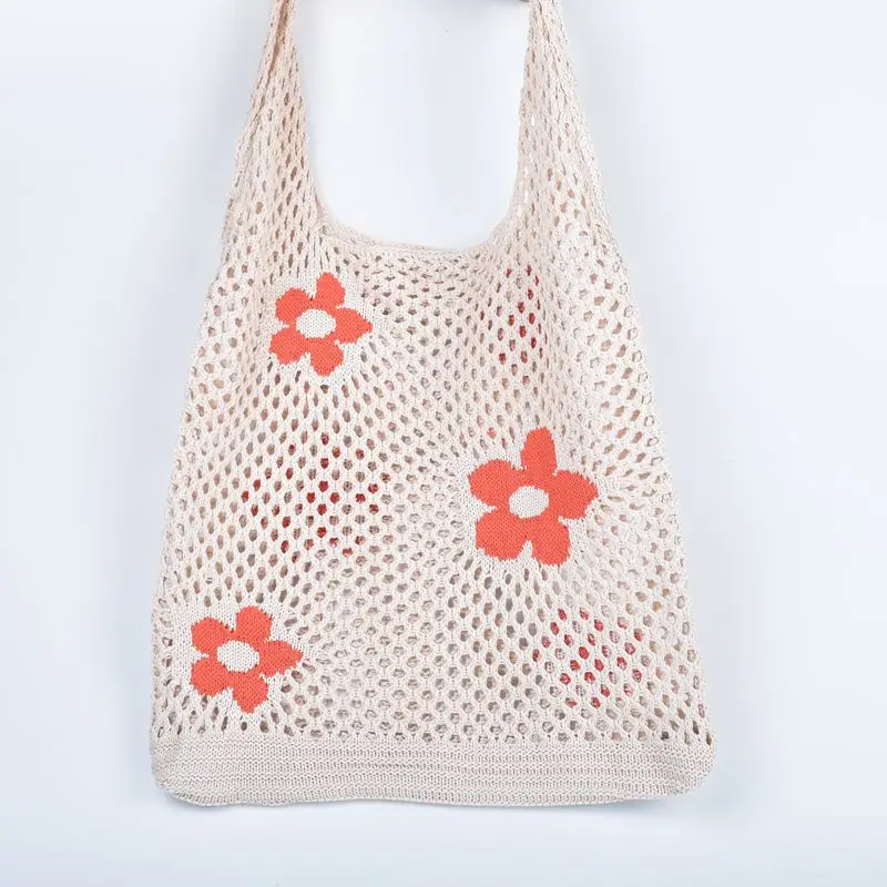 LIVACASA Crochet Tote Bag for Women, Fairycore Mesh Beach Tote Bag Aesthetic Cute Shoulder Bag Hobo Bag for Summer Vacation