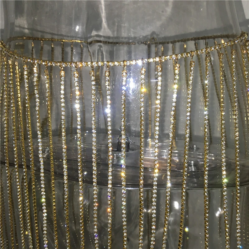 Rhinestone Encrusted Drop Dangle Belly Chain Belt Metallic Fringe Skirt Waist Chain