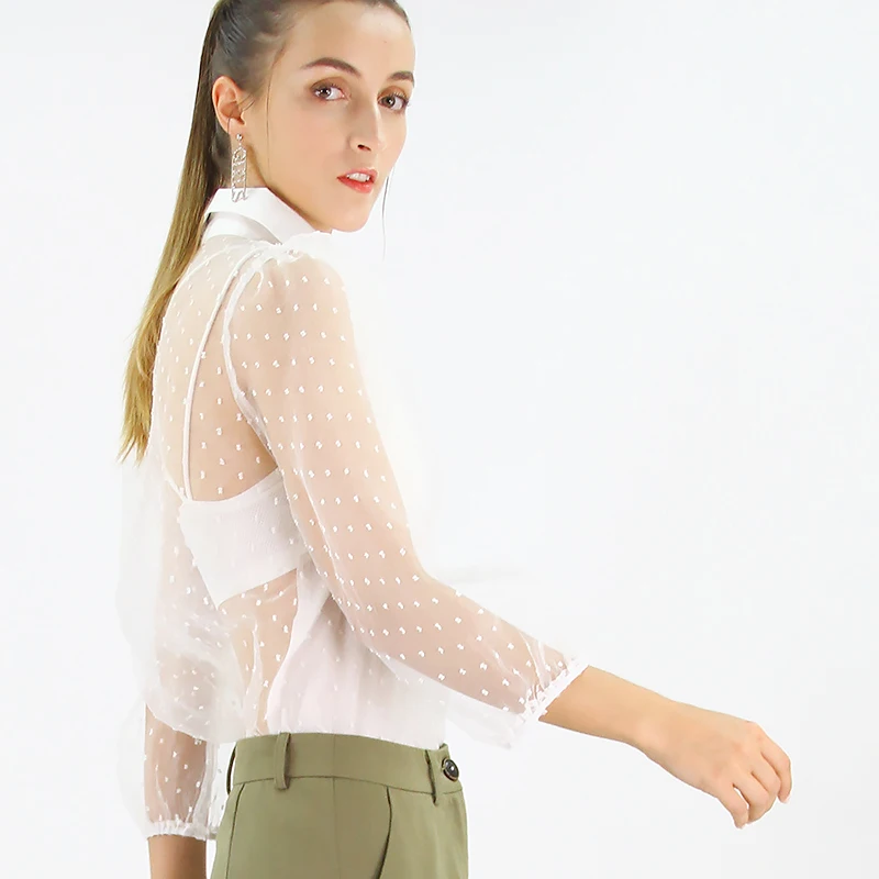 Feminine Organza Polka-Dot Blouse - M