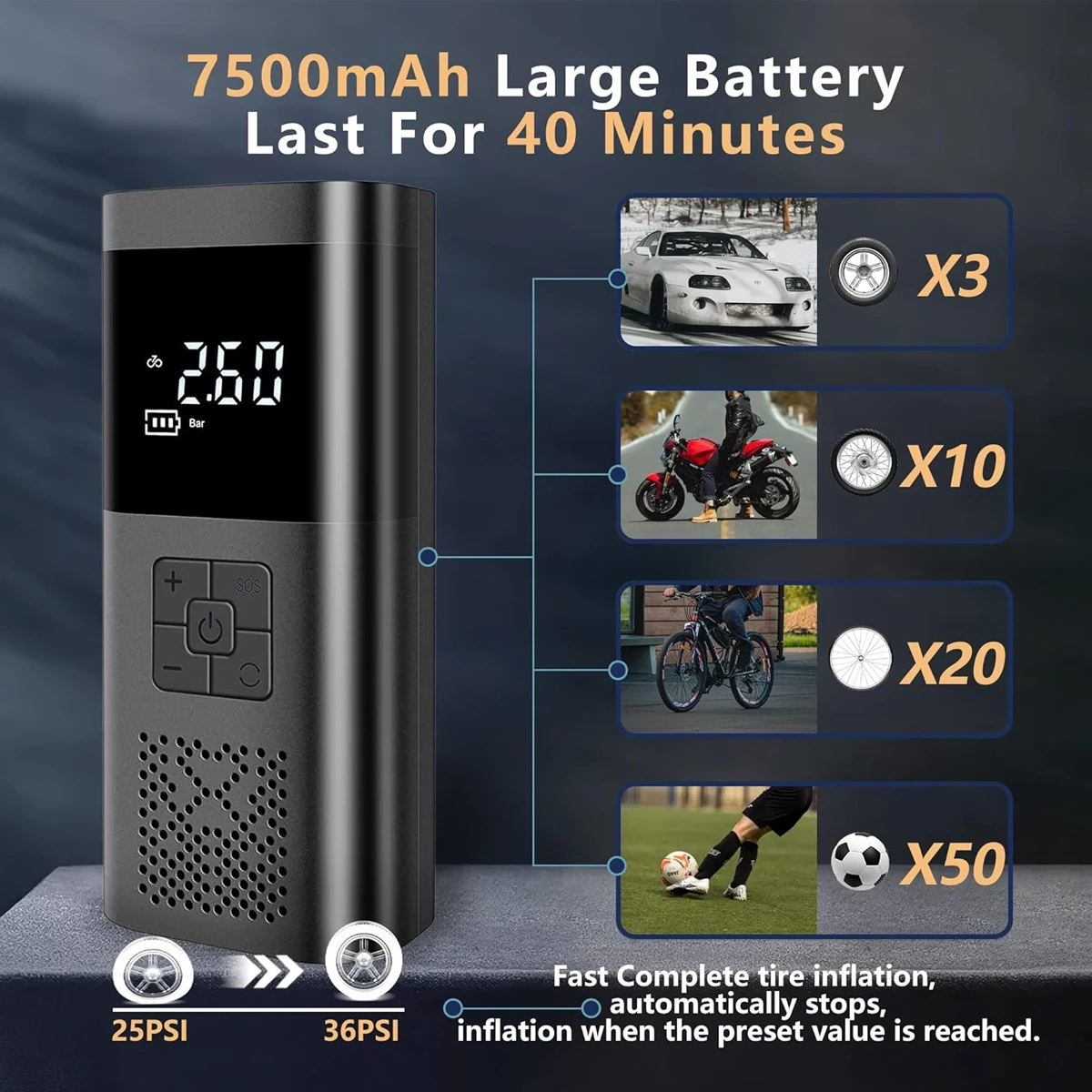 Portable 150Psi Car Tire Inflator Smart Digital Display Wired Electric Inflator for Car Motorcycle Scooter Bicycle Bike Tire - view 6