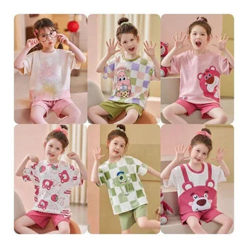 100% cotton children's summer thin pajamas two-piece set cute short-sleeved shorts home clothes