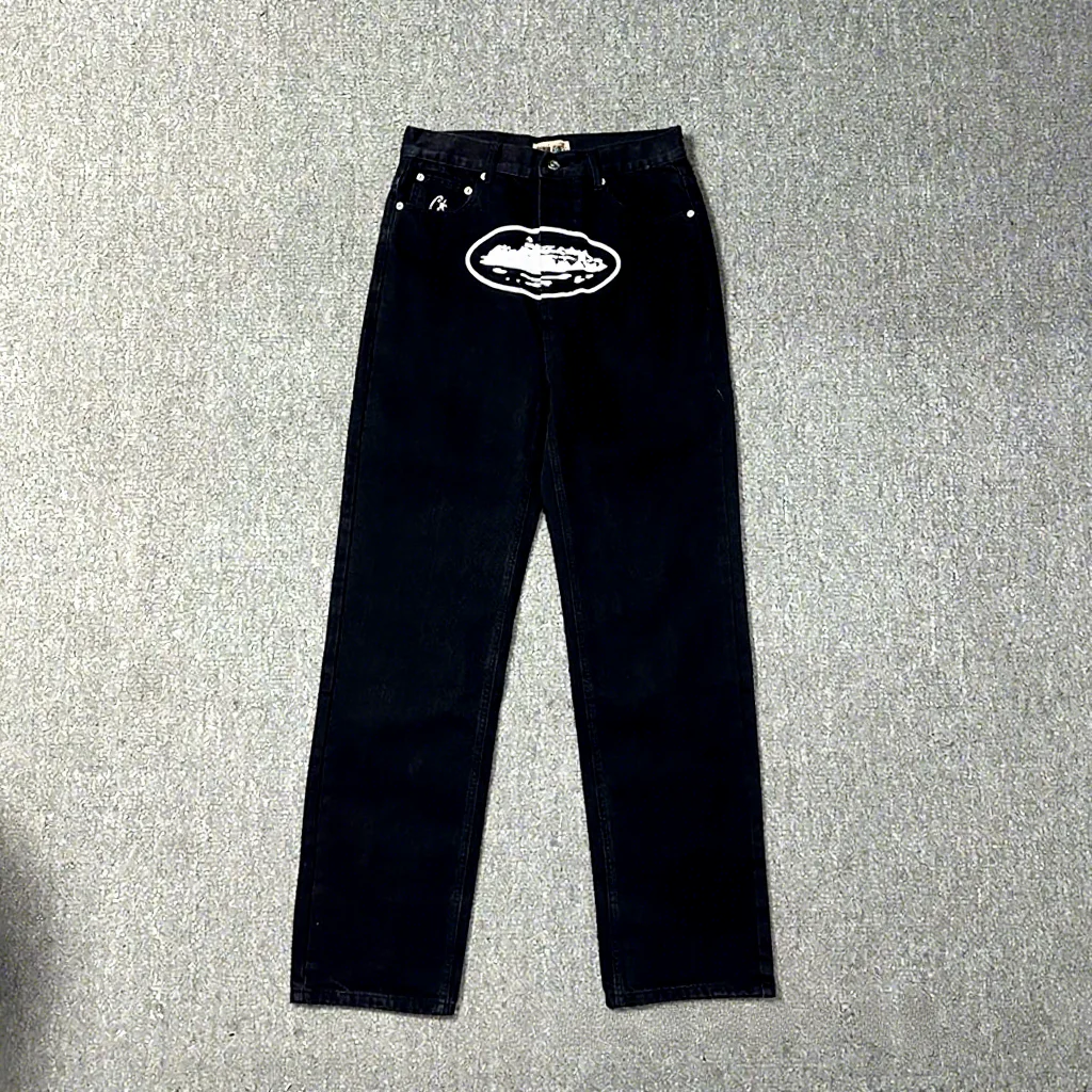 American Style Corteiz Classic Alcatraz Print Denim Casual High Street Jeans Men's Trendy Versatile Vintage Boot Cut Pants