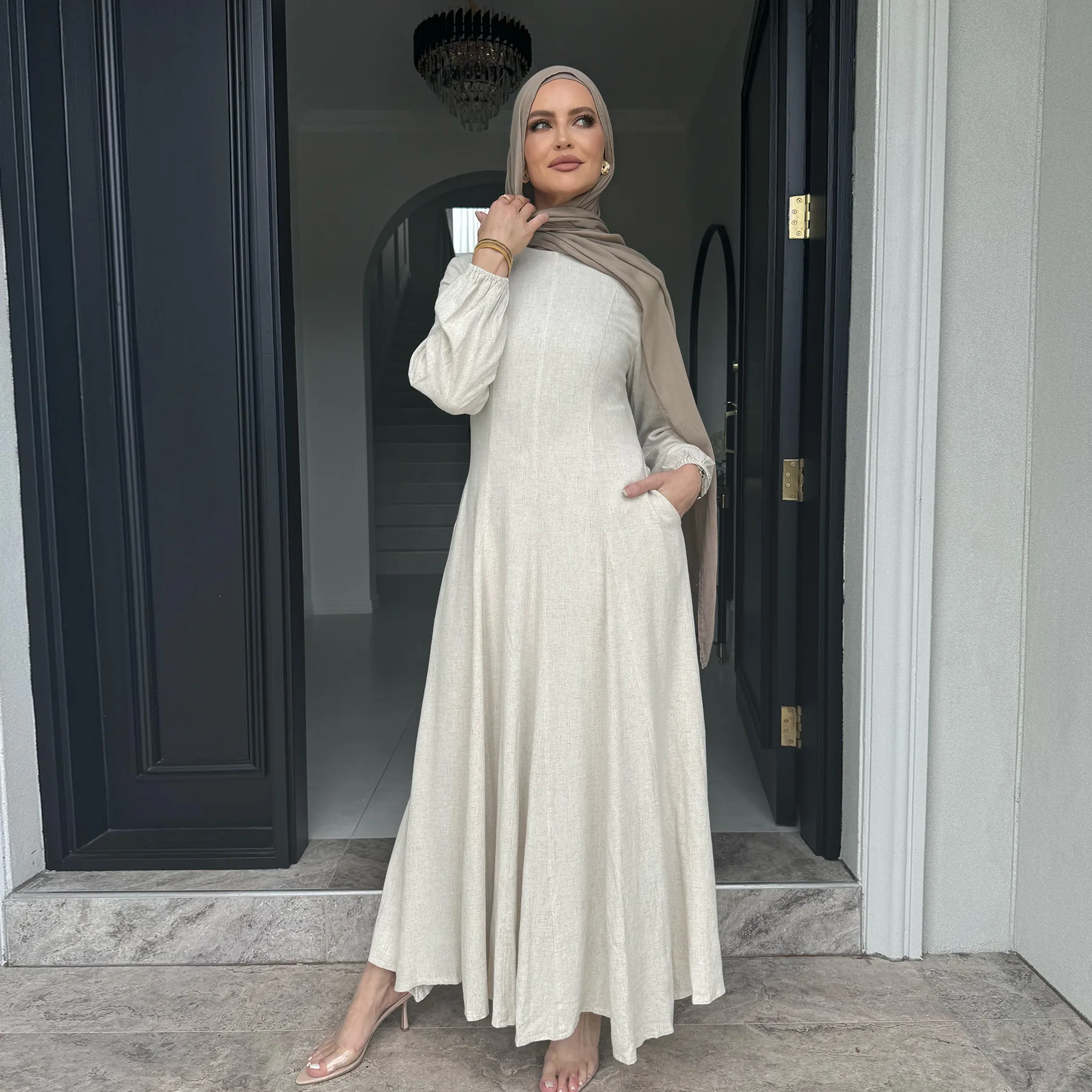 Crew Neck Modest Dress Linen Abaya Kimono Dubai Turkey Close Abaya Kaftan Muslim Dress Islamic Clothing Women Maxi Dress