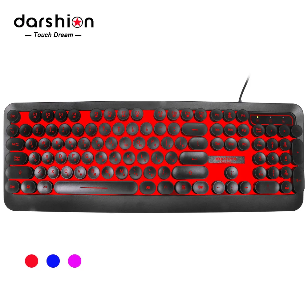 Retro Round Keycap Backlit USB Wired Russian English Gaming Keyboard