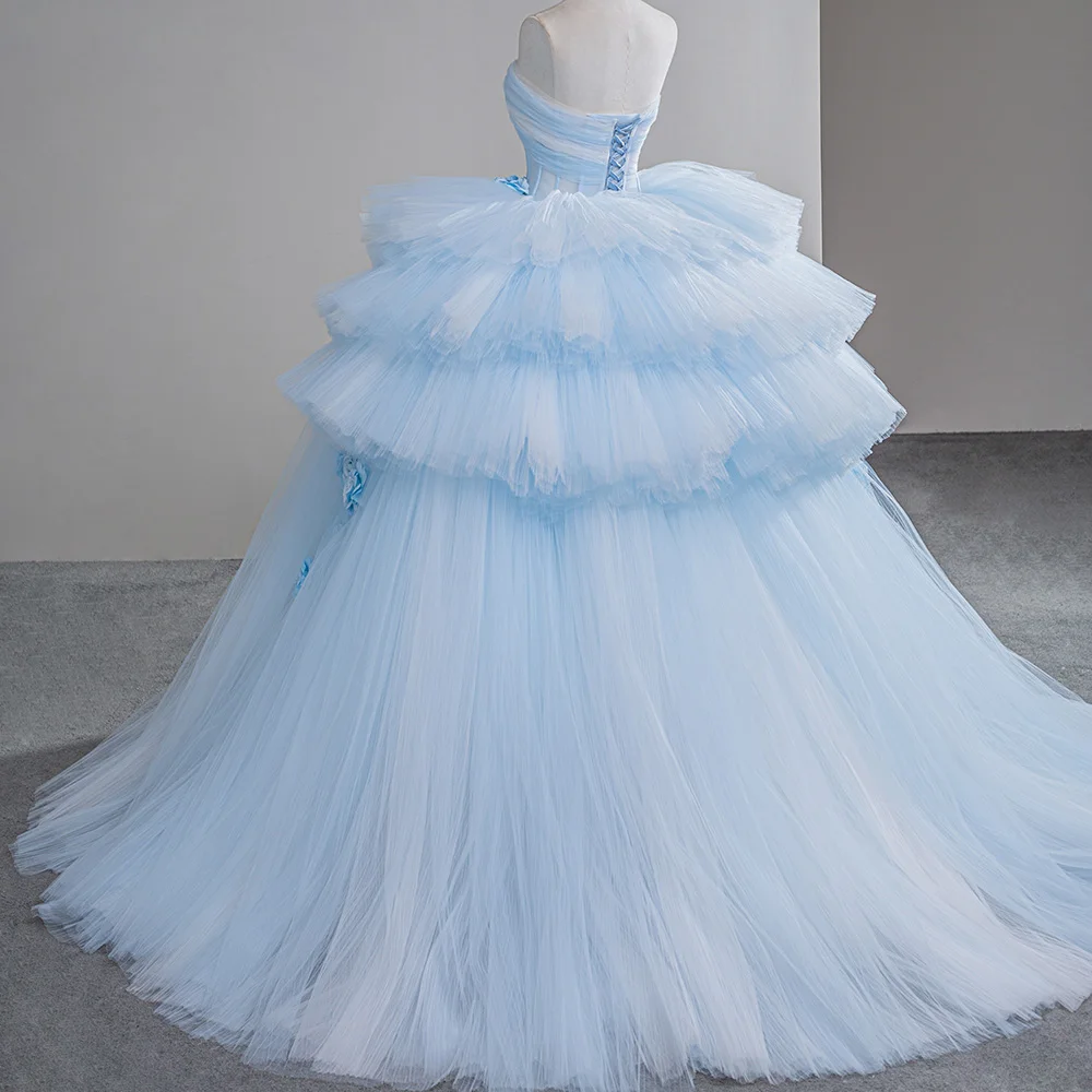 Ball Gown Strapless Sky Blue Tulle Sweet 16 Fairy Ruffled Tiered Dresses  Sfy13