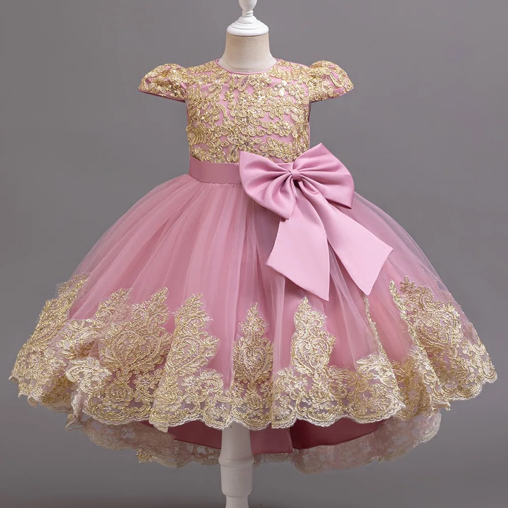 Girls Princess Dress with Gold Trim Embroidery Bow Trail