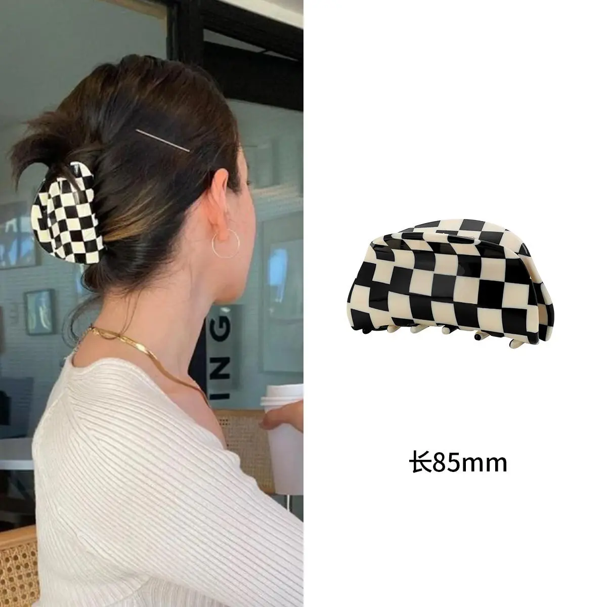 16 Karierte Haarspangen – Schwarz-weißes Muster, Faltenfrei, Acryl-Kunststoff, Set Mit 8 Designs Für Damen & Mädchen