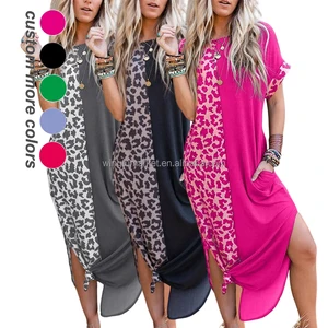 Wholesale Casual Leopard Print Patchwork Women T-shirt Dresses Ladies Slits Summer Maxi Dress With Pockets