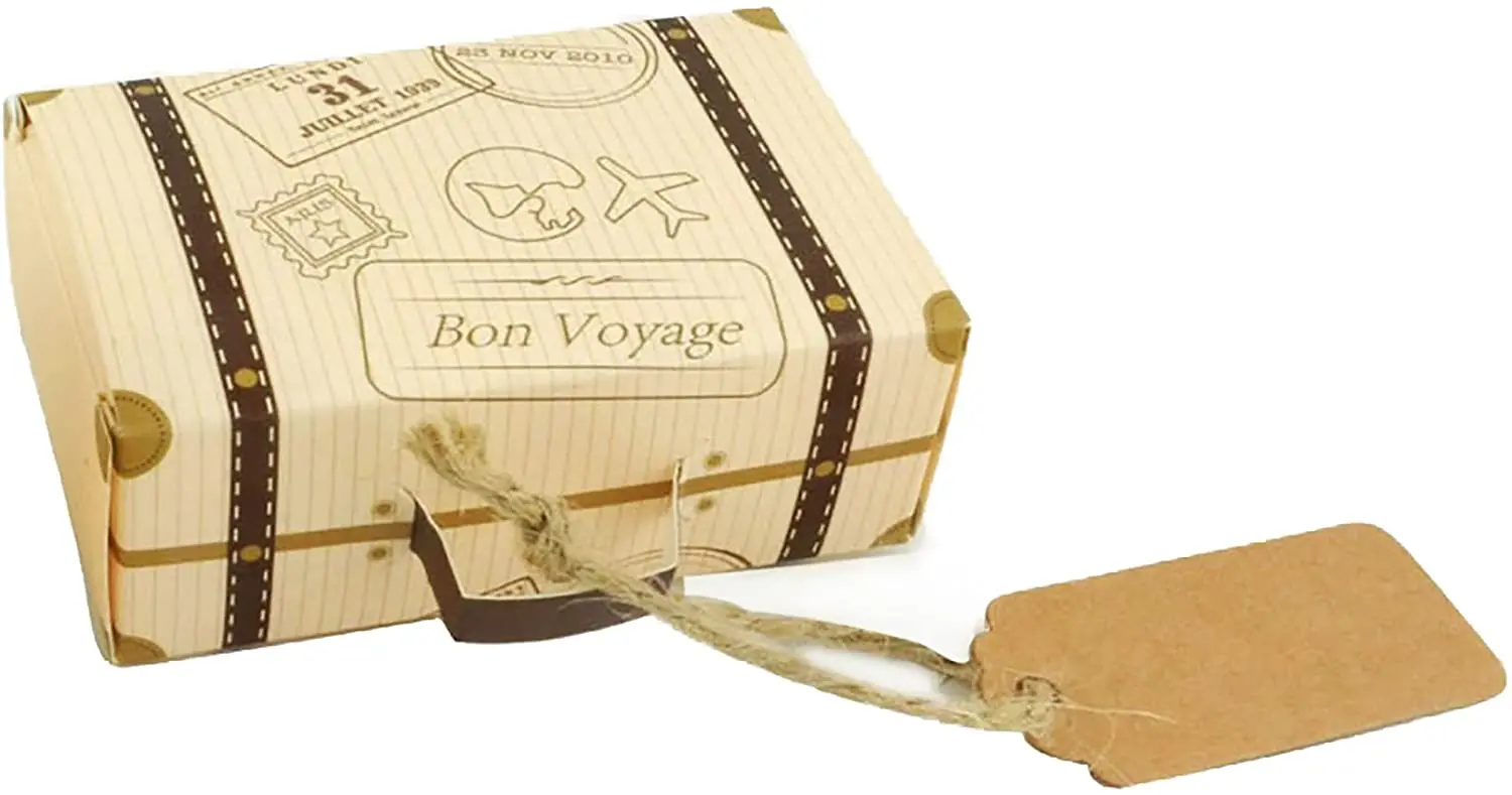 Set Di 50 Scatoline Portaconfetti Aoutacc A Forma Di Valigia - Stile Vintage In Carta Kraft Con Spago E Decorazioni - Per Matrimoni, Compleanni, Baby Shower