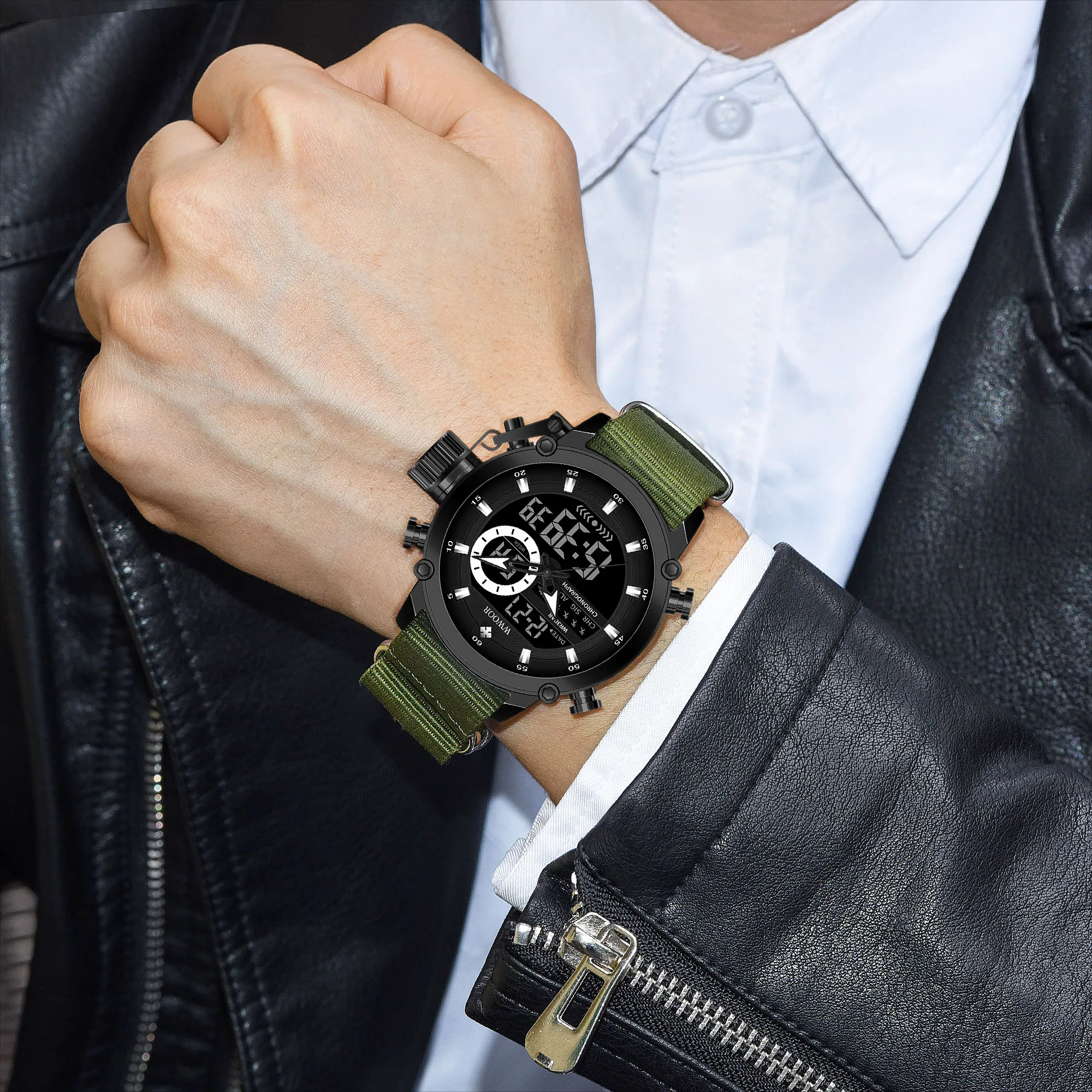 WWOOR 8882 Business Double Movement Men Dual Display Watches Band Wrist Watch Digital Watches Waterproof Alarm Chronograph Nylon