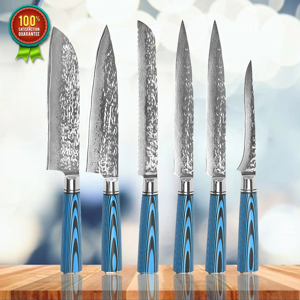 Top quality hammer damascus steel kitchen knife set vg10 chef