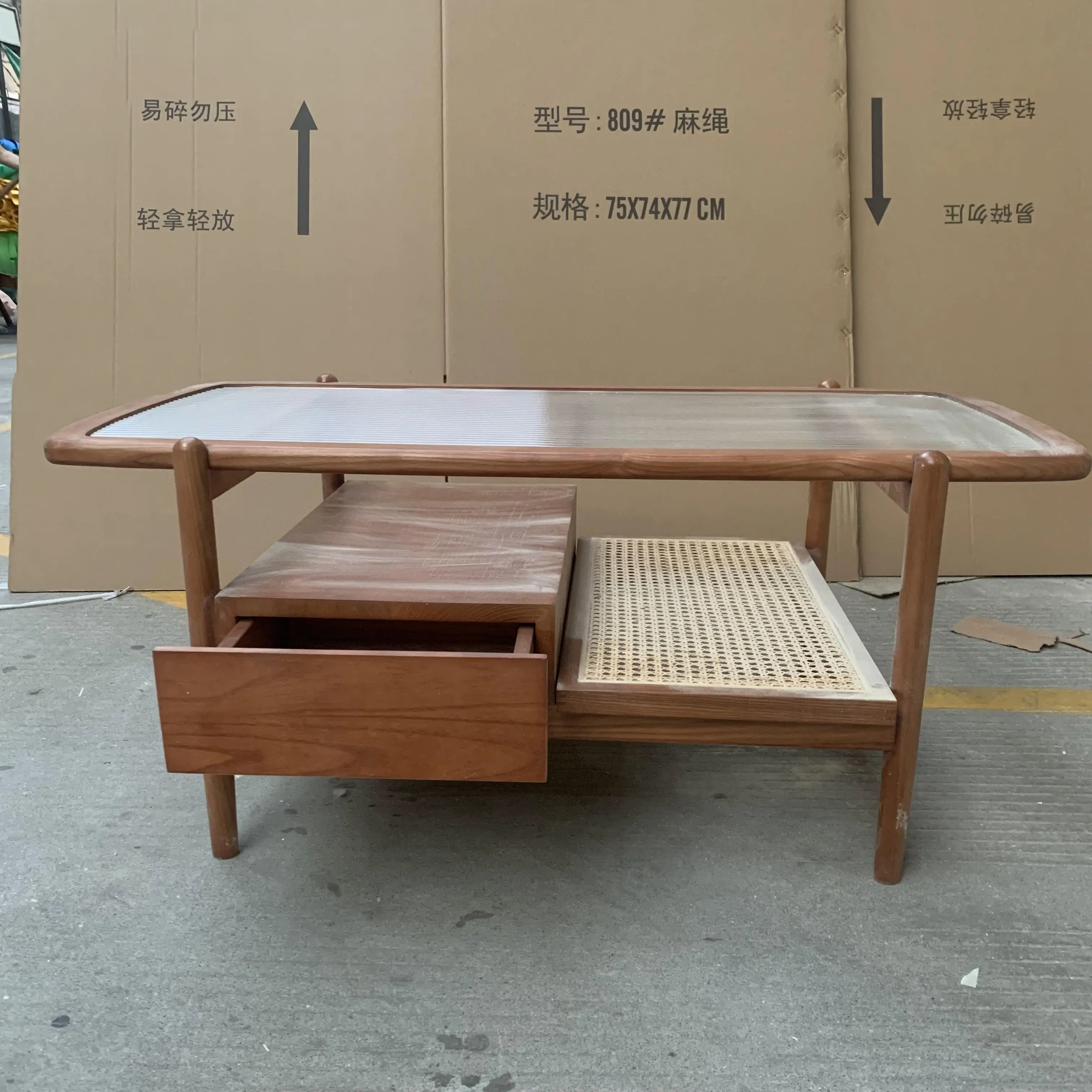 Japanese Contracted Style Rectangular Real Wood Cane Makes Sitting Room Glass Coffee Table