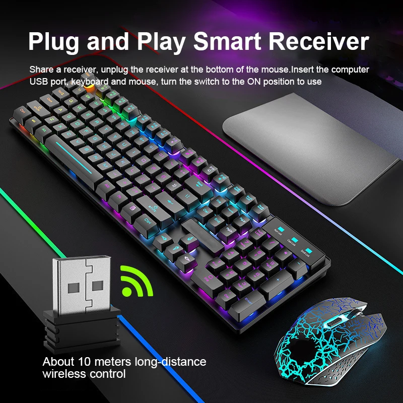 T3 sans fil Rechargeable coloré lumière clavier de jeu souris Combos pour  ordinateurs portables sans fil 2.4G rétro-éclairé claviers ordinateur