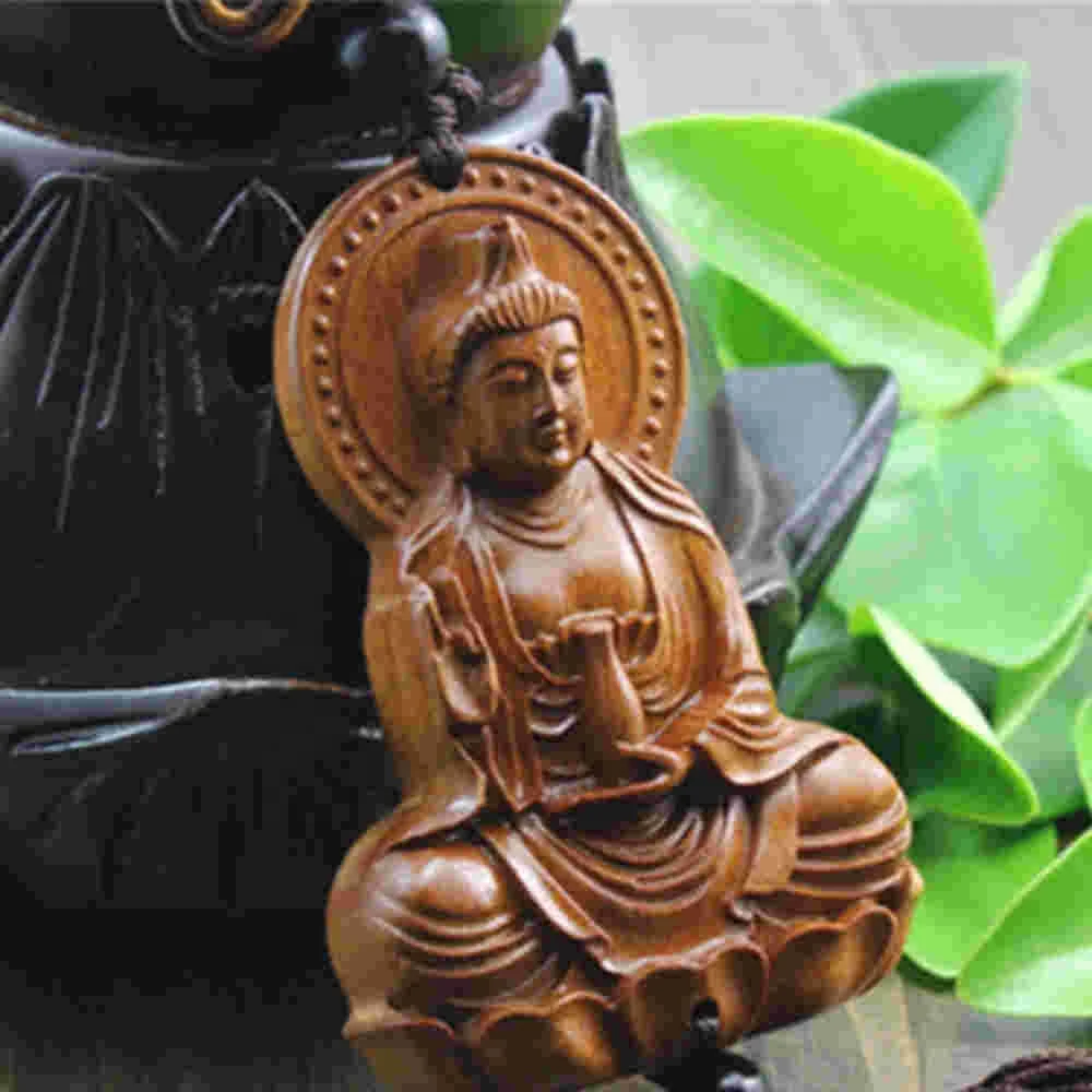 Hollow Out Wood Carved Chinese Kwan Yin Buddhist Pagoda Double Sides Car Pendant 