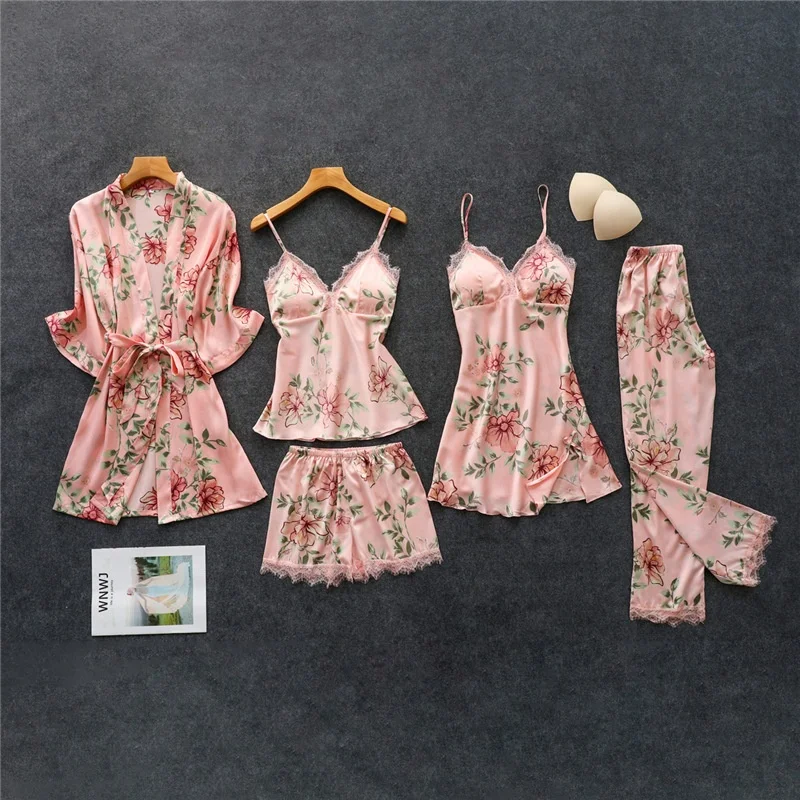 Factory Supply Custom Floral Pajamas Set Five Pieces Satin Homewear for Women