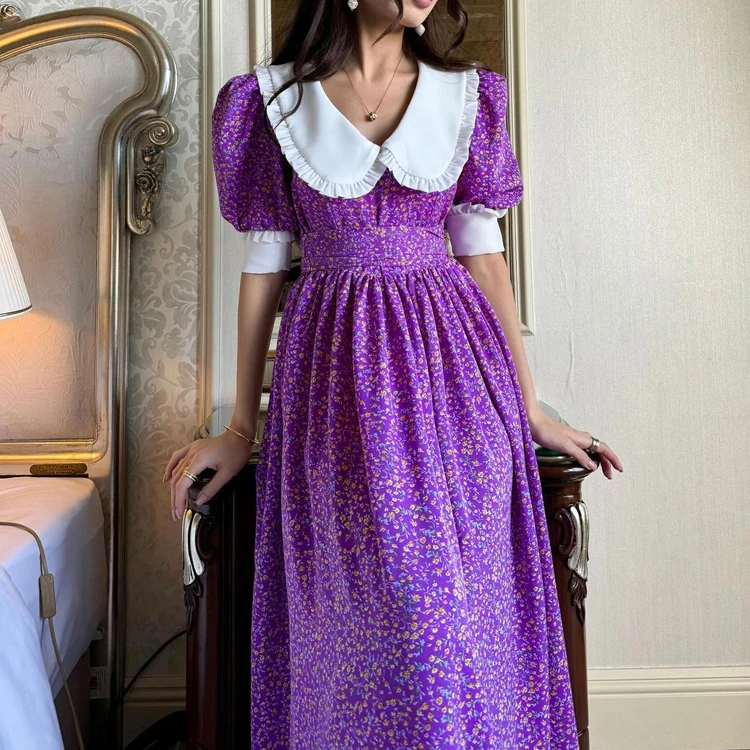 purple collar dress Patchwork Collar Short Sleeve Belted Casual Vestidos Frock Maxi Long Summer  Ladies Floral Dresses Purple Dress for Women Elegant