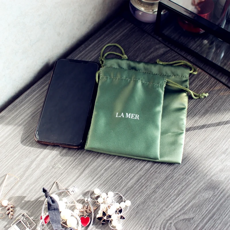 Customized Custom Logo Small Silk Satin Drawstring for Cosmetic Hair Wig Jewelry Bundles Dust Packaging Pouch Bag With Logo
