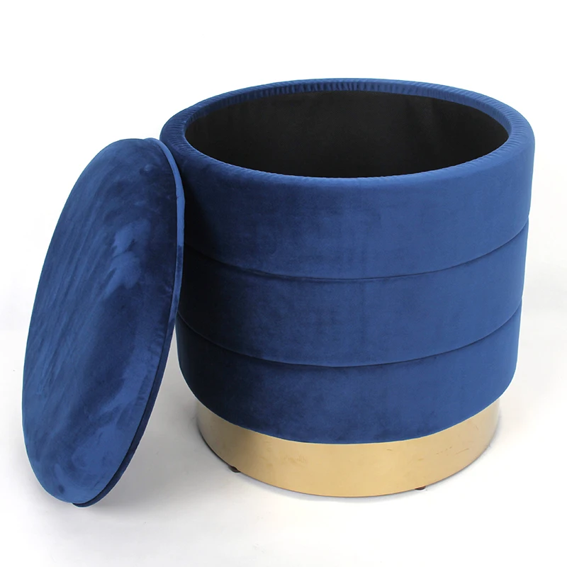 HStex High Quality Modern Design Round Seated Storage Cloth Footstool Ottoman Empire Velvet Gold Metal Base