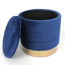HStex High Quality Modern Design Round Seated Storage Cloth Footstool Ottoman Empire Velvet Gold Metal Base