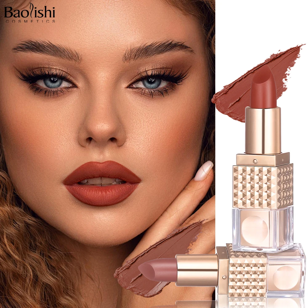 BAOLISHI Custom Private Label Matte Lipstick in Gold Tube Lasting Waterproof Moisturizing Gel Natural Organic Vegan Makeup