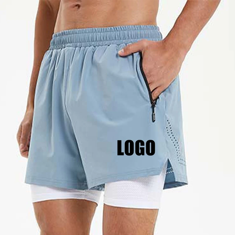 New 2 in 1 Running Training Sport Shorts Quick Dry Zip Side Pocket Gym Fitness Basketball Polyester Workout Track Shorts for Men