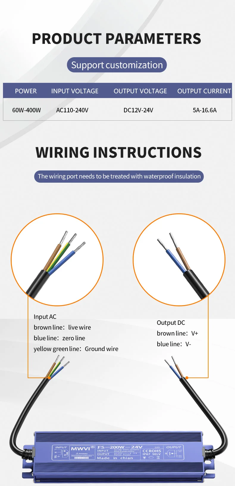 Mingwei Outdoor Waterproof Switching Power Supply 220 to 12V 24V Light Strip Light bar Light Box Rainproof Transformer 400W