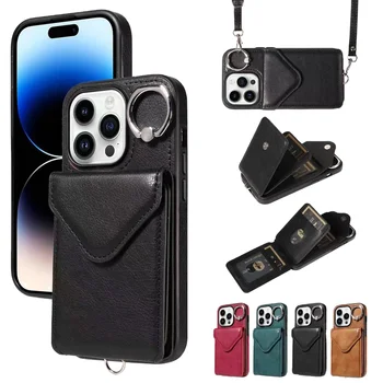 PU Leather Cross Body Wallet Case with Ring Holder Back Cover for iPhone 15/15 Pro/15 Plus/15 Promax Mobile Phone