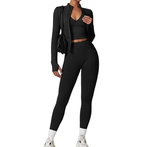 Custom High Quality Women's Workout Sets Quick Dry Halter Tank Tops Tight-Fit Women Running Outfit 3 Piece  Set