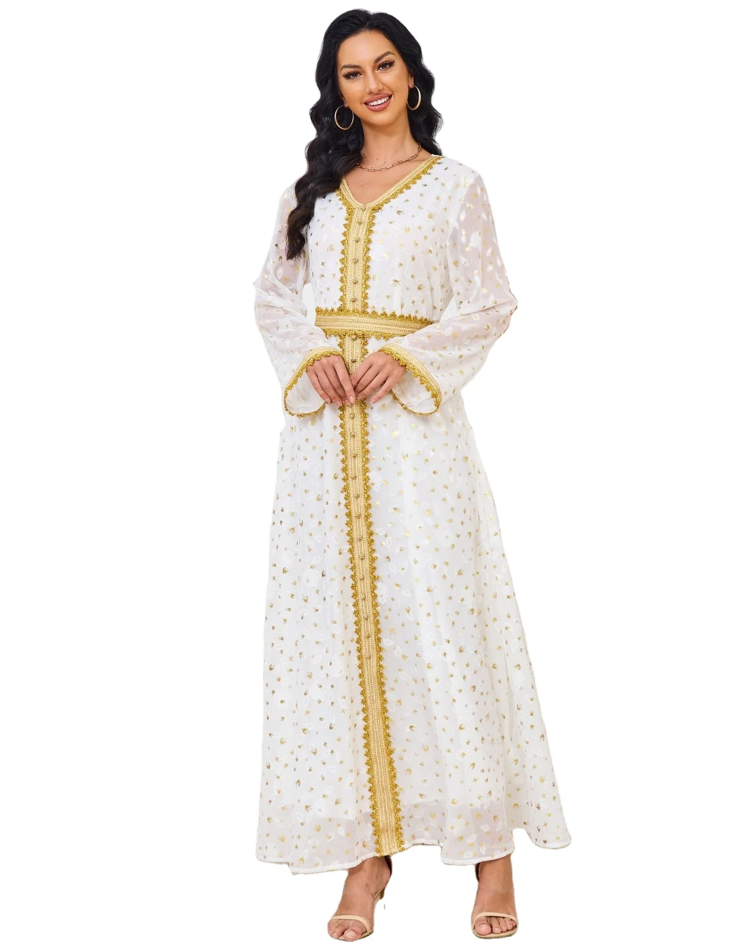 white and gold moroccan dress White and Gold Designer Stylish Sleeve Wedding Kaftan Takchita Moroccan  Dress With Free Plain Hijab – RobeDesert main image 1