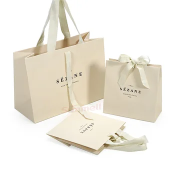 Custom Eco Friendly Ivory Packaging Gift Bag For Clothes Luxury Beige Paper Bag Cream-Colored Shopping Bag