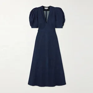 Clothing Manufacturer Custom Spring Summer Blue V Neck Short Sleeve Elegant Casual Denim Dress Women