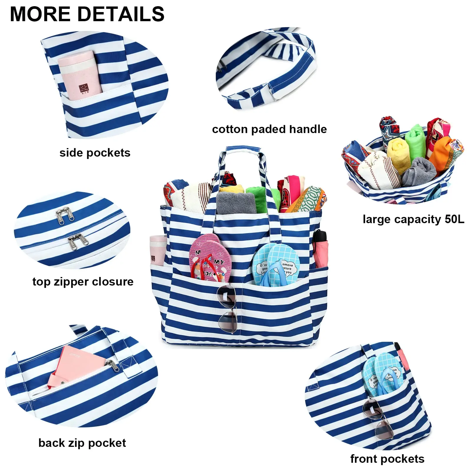 Washable Multi Pockets Beach Bags Personalized Women Waterproof Zipper Beach Tote Bag for Gym Sport Shopping Travel