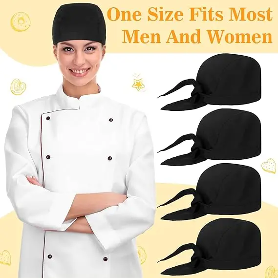 Tie Back Chef Hat for Men Adjustable Chef Cap Chefs Bandana Skull Cap Black Breathable Cooking Hat for Men Women