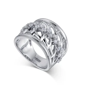 Original Design Women's 9k White Gold Gorgeous Sparkling Diamond Leaf Shape Wide Band Ring Trendy Style for Parties Weddings