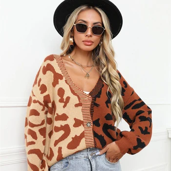 Autumn and Winter New Printed Knitted Pullover Round Neck Single breasted Street Spliced Leopard Pattern Knitted CardiganSweater