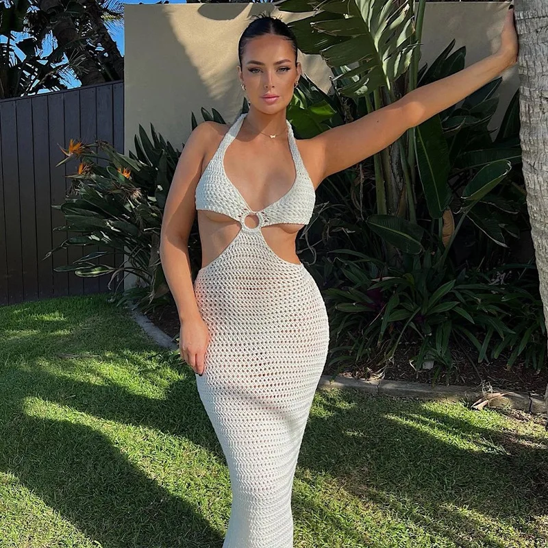 Caisi Crochet Maxi Dress Women Cut Out 