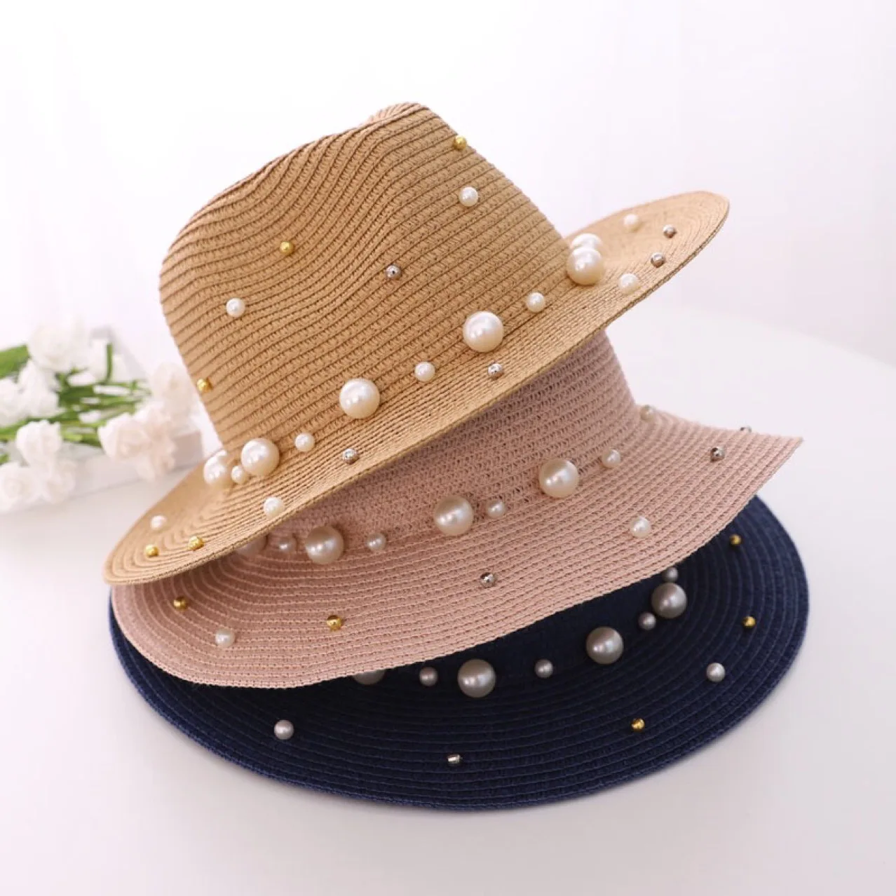 Summer Straw Hat Beach Sun Hat Pearl 