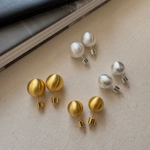 MW Fashion Gold Silver Plated Metal Matte Brushed Earrings 18K Real Gold Plated Stainless Steel Simple Round Ball Stud Earring