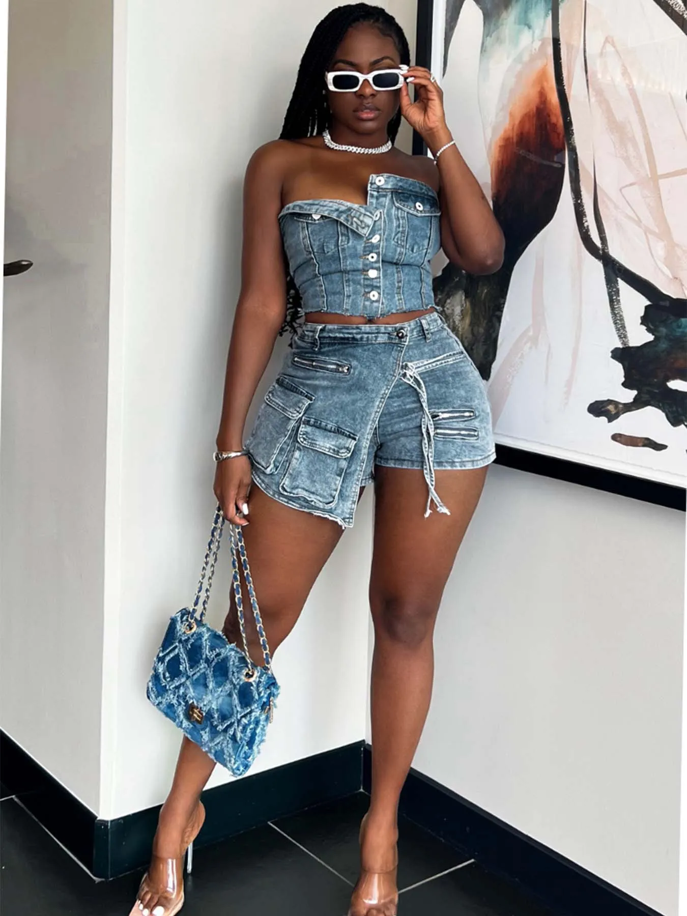 Stock Cargo Pieces Denim Shorts Suit Women Jean Two Piece Outfits Set  Addicted Acid Wash Halter Denim Top and Mini Short Sets - Main Image