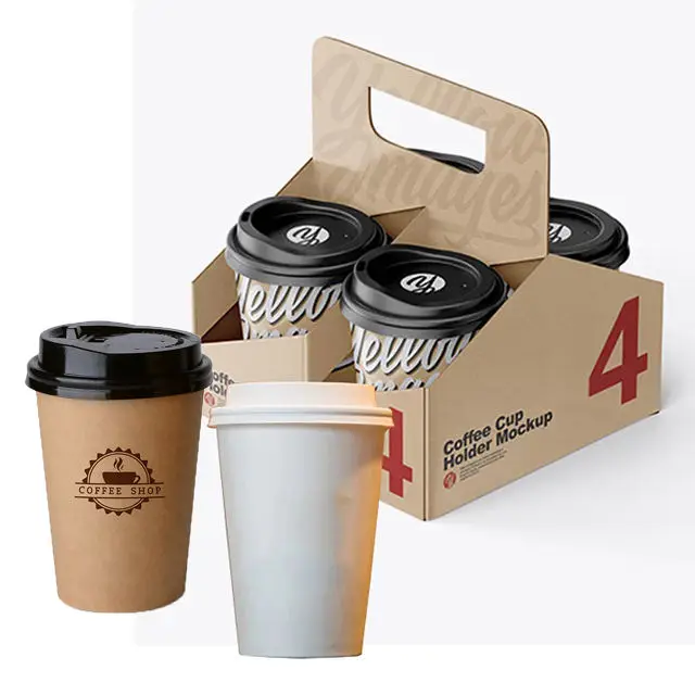 Custom Printed Disposable Coffee Packaging Portable 2 4 Cup Holder Milk Tea Lemonade Takeaway Cup Holder Carrier With Handle details