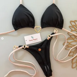 Sexy Brazilian Solid Color Bikini Set with Metal Decor Halter Push up Thongs Women's Swimwear