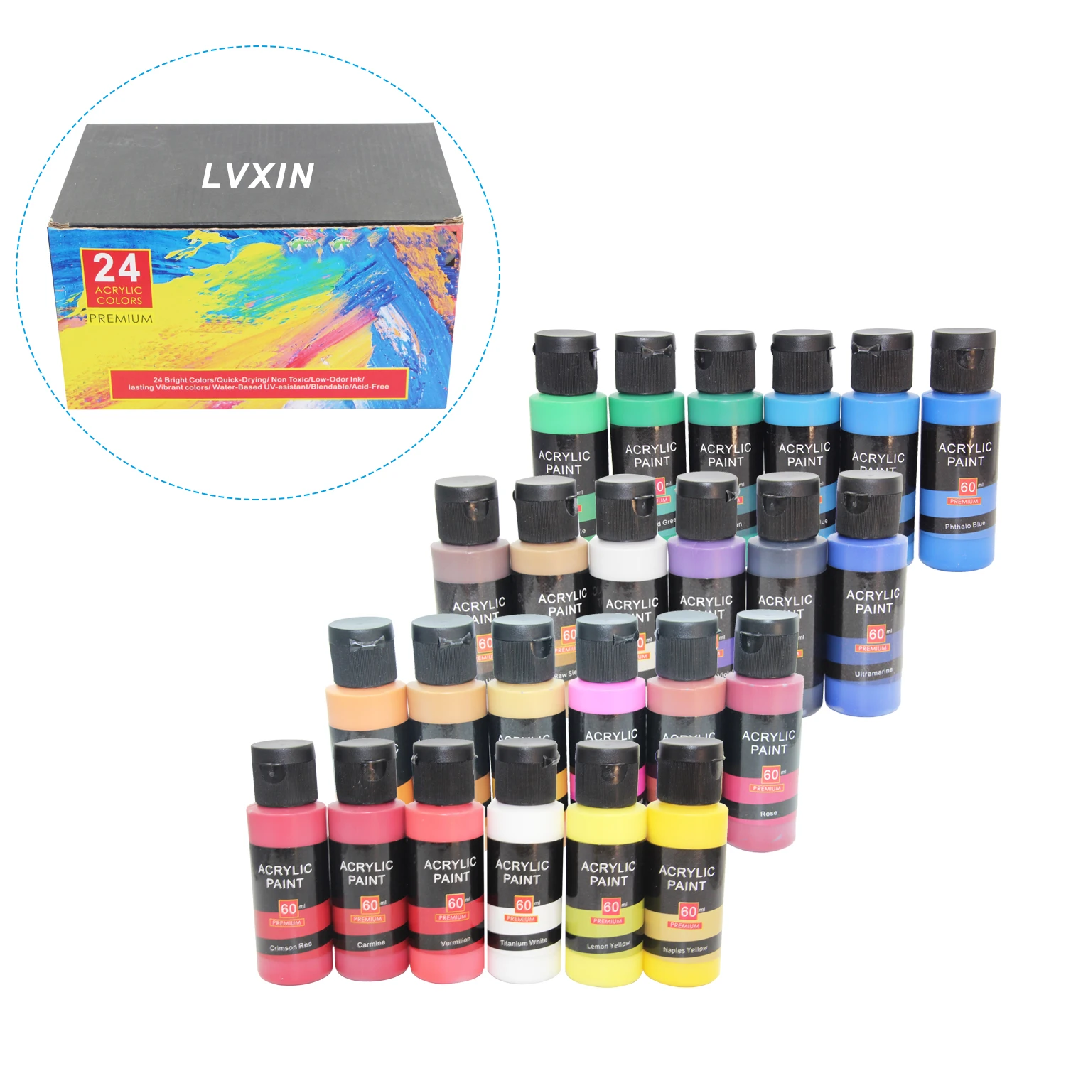 60 ml 24 color wholesale quality non toxic  kids acrylic paint tube art set wholesale