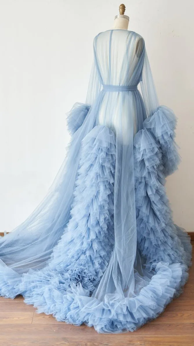 Blue Maxi Long Maternity Photoshoot Dress: Tulle Ruffle Design ...