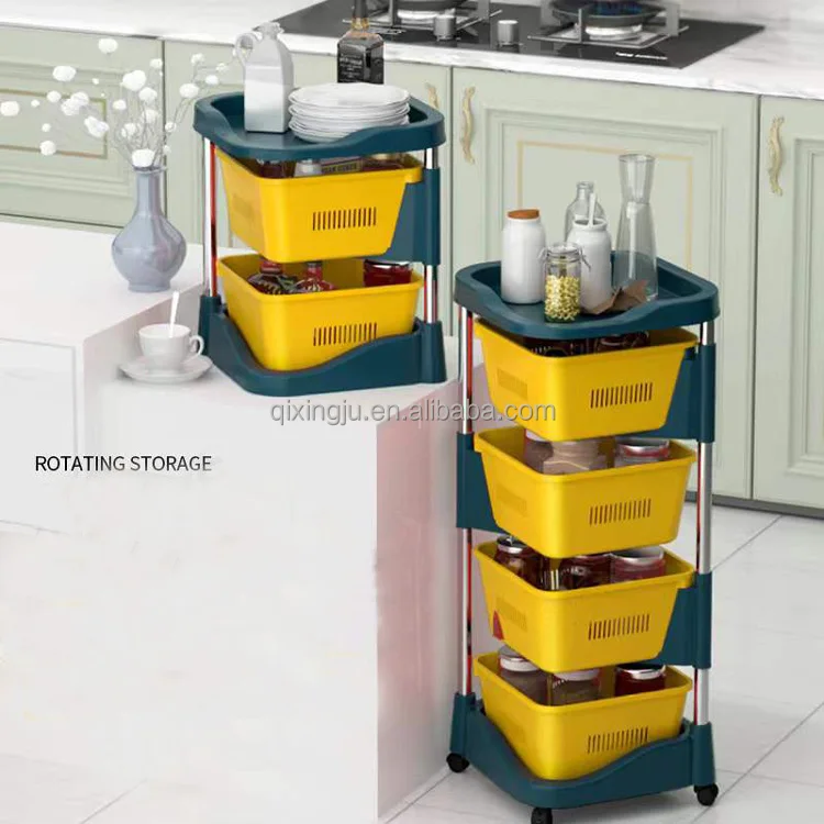 Household Multi-Layer Rotating Storage Rack Multi-Function Kitchen Sundries  Vegetable Basket Shelf Storage Trolley Cart