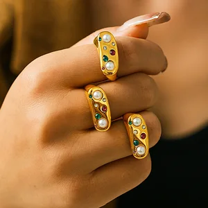 Luxury Vintage Jewelry Chunky Colorful Zircon Rings Women's Stainless Steel 18K Gold Plated Pearl Ring for Women