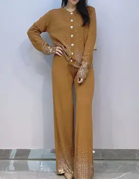 New Arrival Spring Pattern Diamond  Knit Sweater High-Waist Women'S Pants Sets