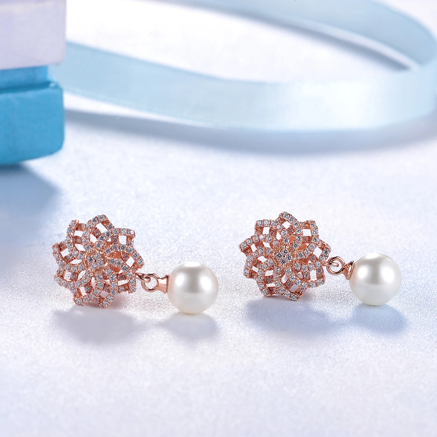 Hot selling Jewelry 925 Silver Rose Gold Plated Sweet Cute Flower White Pearl Earring Jewelry(图5)