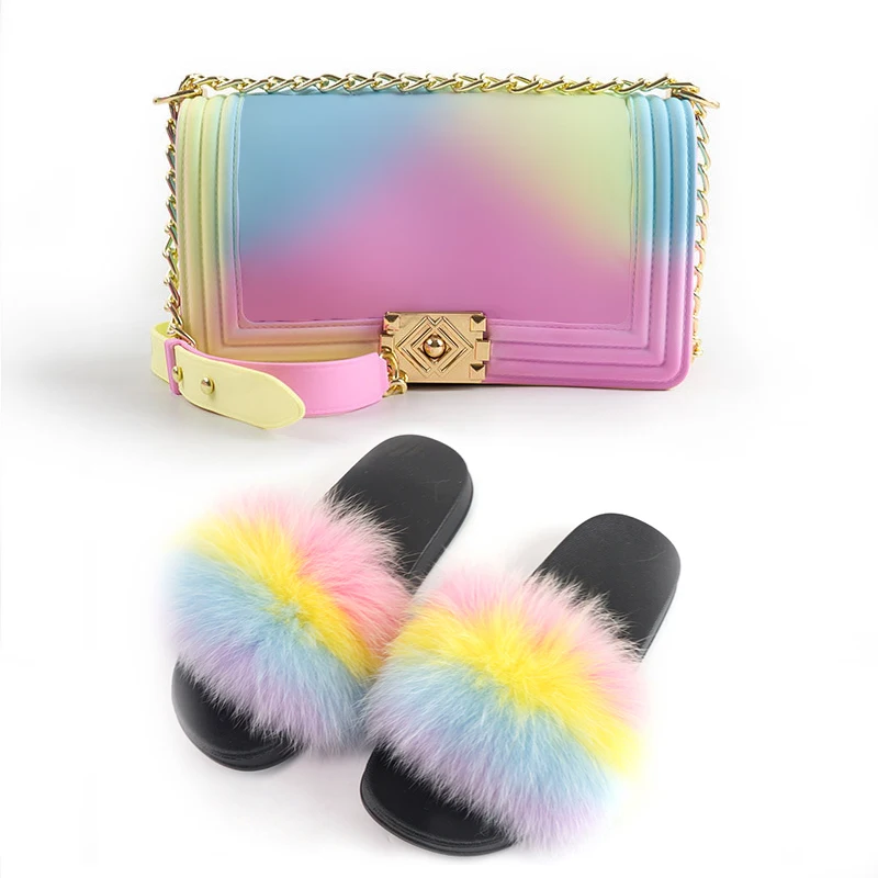 Hot Sale Women Shoes Purses Handbags Women Fur Slides Bags Handbag Fox Fur Slides Ladies Jelly Pvc Bag Silicone Bag And Slippers Buy Fur Slides Fur Slippers Jelly Bag Match Slides Product on